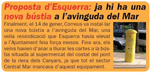 Not&iacute;cia publicada al n&uacute;mero 66 de la publicaci&oacute; L'ERAMPRUNY&Agrave; explicant que s'ha instal&middot;lat una nova b&uacute;stia a l'avinguda del mar de Gav&agrave; Mar (Febrer de 2009)